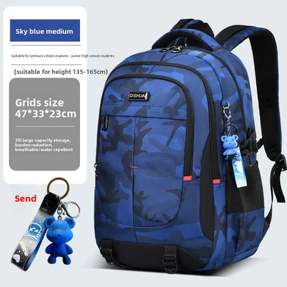 2025 new camouflage backpack for boys High capacity school bag for junior high school students Outdoor travel backpack for men M blue