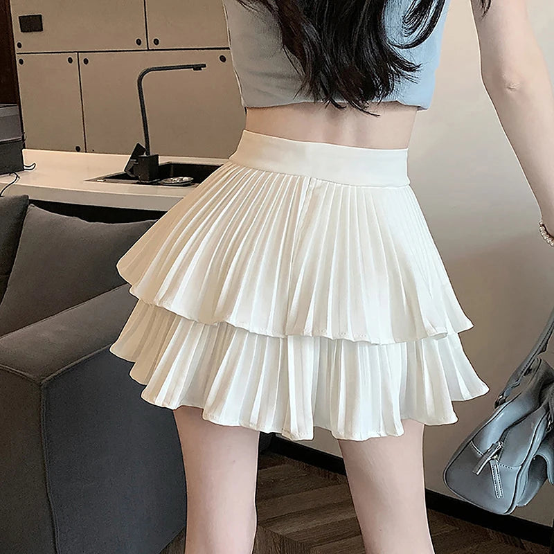 Fashion Sexy Pleated Skirts Women Solid High Waist All-Match Summer New Culottes Mini Cupcake Skirts White