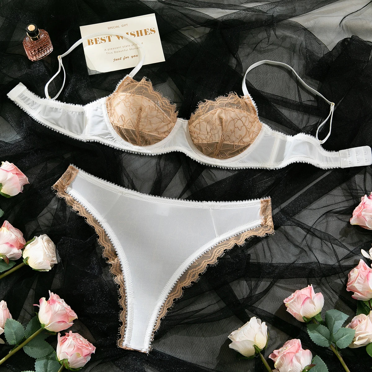 French Satin Lace Bra And Thong Set Sexy Ultrathint Lace Patchwork Lingerie Two Picec Sets Fancy Erotic Intimate Underwear Suit