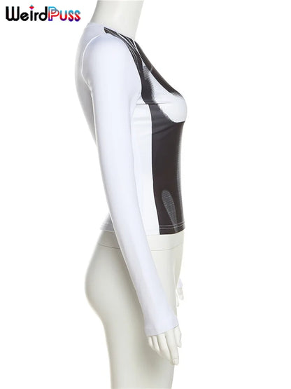 Weird Puss Sexy Print Women Crop Top Long Sleeve O Neck 2023 SpringTrend Skinny Wild Stretchy Vintage Midnight Streetwear Tees