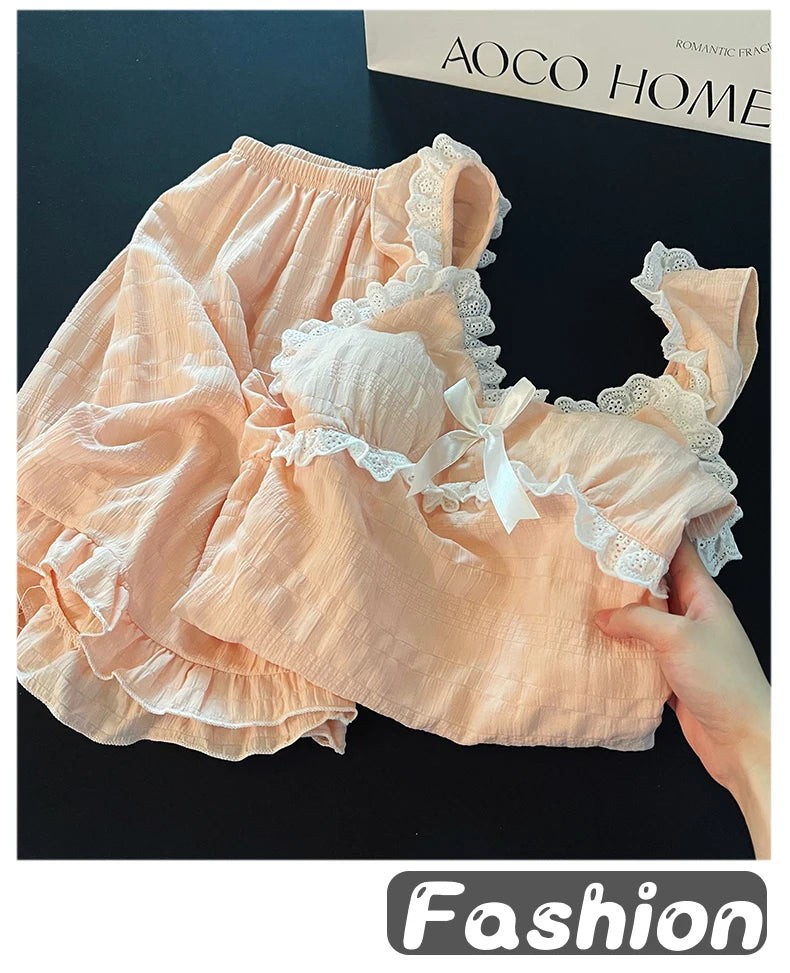 Summer Sexy Strap Spwear Women's ort Pants Loose Fit Home Clothes Set with Chest Pad 2024 New Tread Cotton Thin Woven