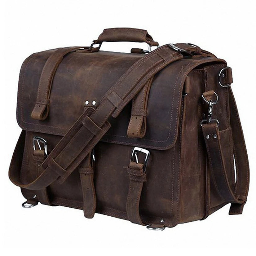 Vintage Crazy Horse Genuine Leather Men Briefcase Business Bag Large Leather Briefcase Male 15.6"Laptop Case Shoulder Bag office Brown