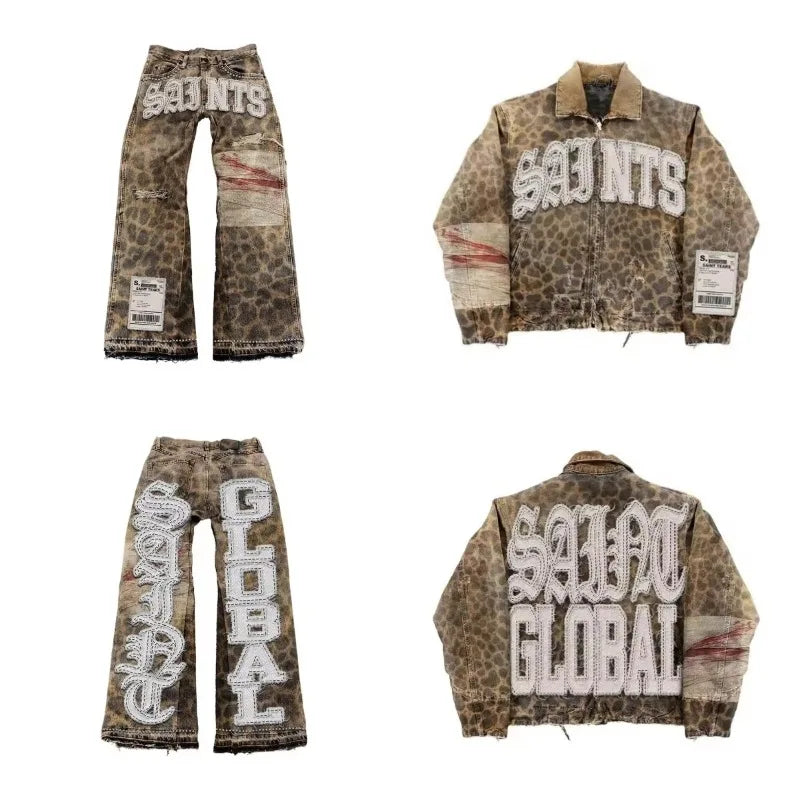 Gothic Retro Leopard Print Pattern Mens Clothes Y2k Two Piece Set Zipper Jacket Ripped Jeans Tracksuit Men Patchwork Streetwear