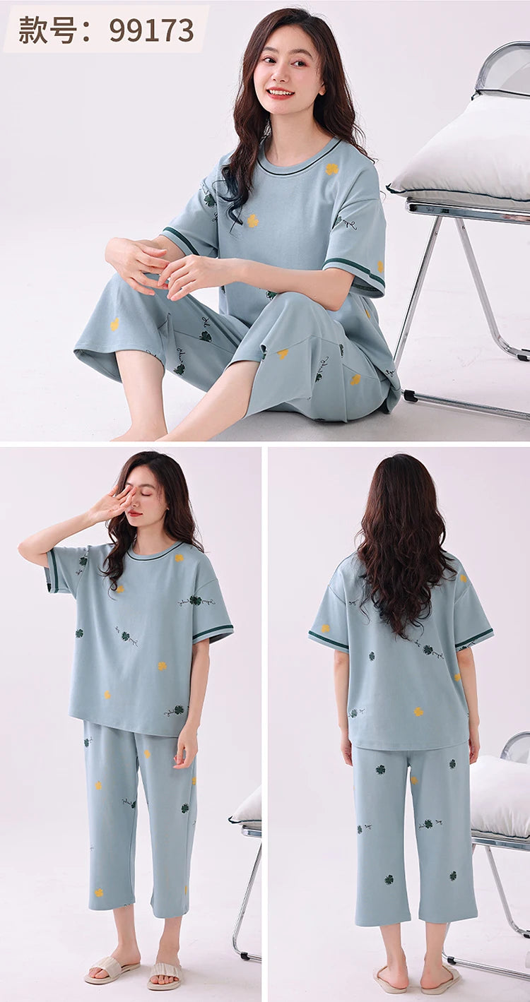 Newest Summer Casual Pajamas Set Women 100% Cotton Sleepwear Female Short Top+Calf-Length Pant Pyjamas