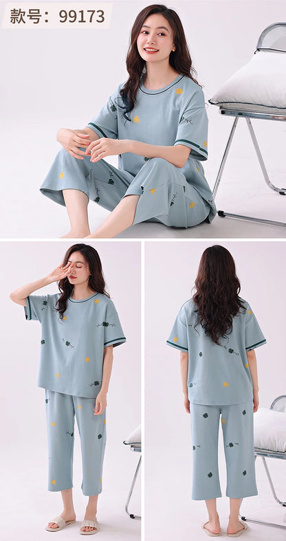 Newest Summer Casual Pajamas Set Women 100% Cotton Sleepwear Female Short Top+Calf-Length Pant Pyjamas