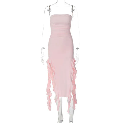 WonMiracle Elegant Strapless Dress Women Irregular Tassel 2024 Summer Trend Skinny Split Maxi Bodycon Party Dress For Women Pink