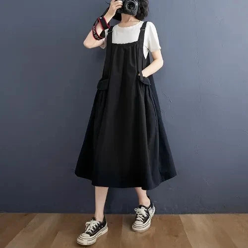 Female Dress Summer Mid-Length Loose Solid Color Pocket Swing Chic Casual Straps Dresses New Women Dress Vestidos Selling black One Size