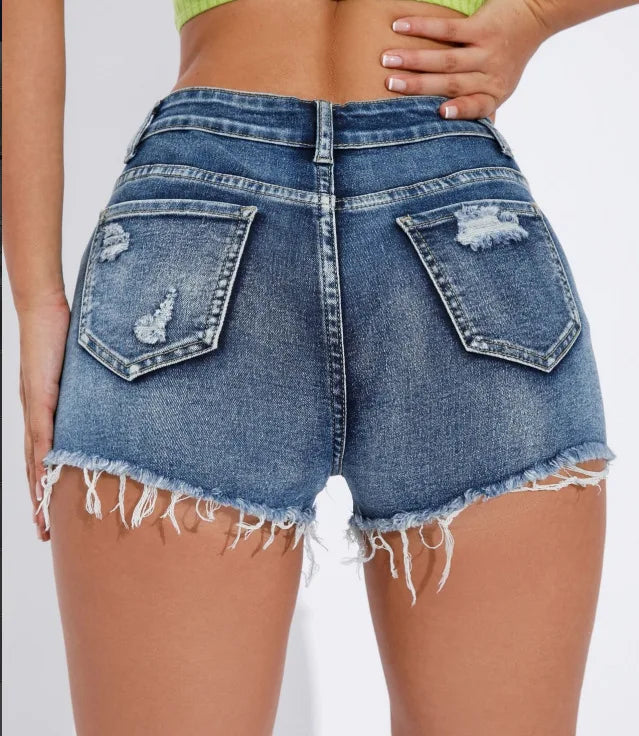 Ripped Raw Denim Shorts For Women Fashion A-line Hem Female Summer Hot Pants Streetwear Blue Clothing Skinny Sexy Retro Leisure Badiee Stylez