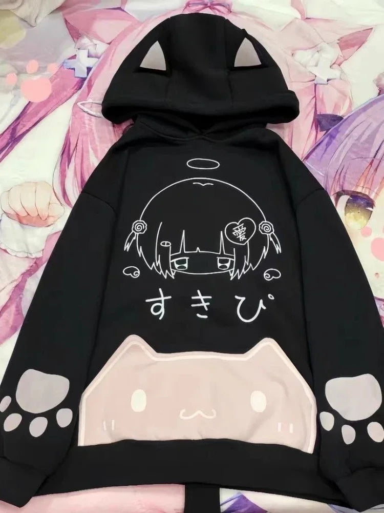 Japanese Cartoon Print Fleece Hoodies Women Harajuku Gothic Cat Ears Hooded Vintage Hoody Streetwear Y2k Aesthetic Sweatshirt