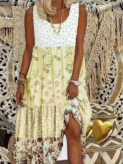 plus Size Women's Sleeveless round Neck Casual Dress Clashing Floral Print Maxi Summer Dresses for Women BT11-huang