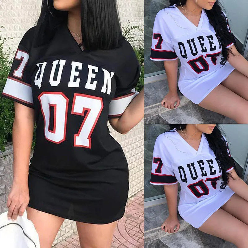 Fashion V-Neck Queen Letters Print Dress Short Sleeve Basketball Sporty Style Sexy Loose Female Clothing Streetwear Loungewear