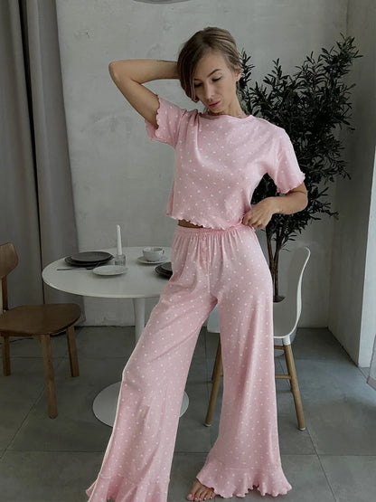 Muzuleva New Fashion Love-Printed Short-Sleeved Pants Pajama Set Women's Summer Pink Sleepwear Loose Casual 2-Piece Set