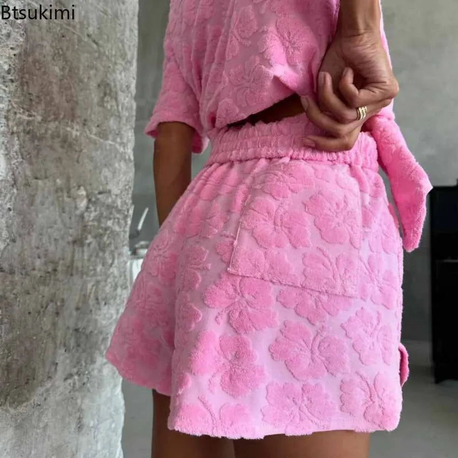 2025 Women's Soft 2PCS Pajama Sets Pink Color Loose Suit Elegant Sleepwear Sets Casual Lapel Short Sleeve Shirt + Shorts Outfits