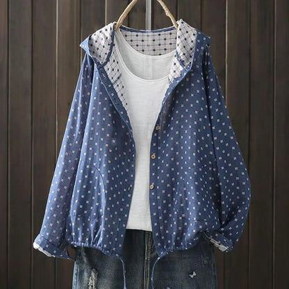 Women Spring Autumn Coat Hooded Drawstring Hem Long Sleeve Printing Loose Zipper Closure Jacket with Pockets Daily Wear Commutin