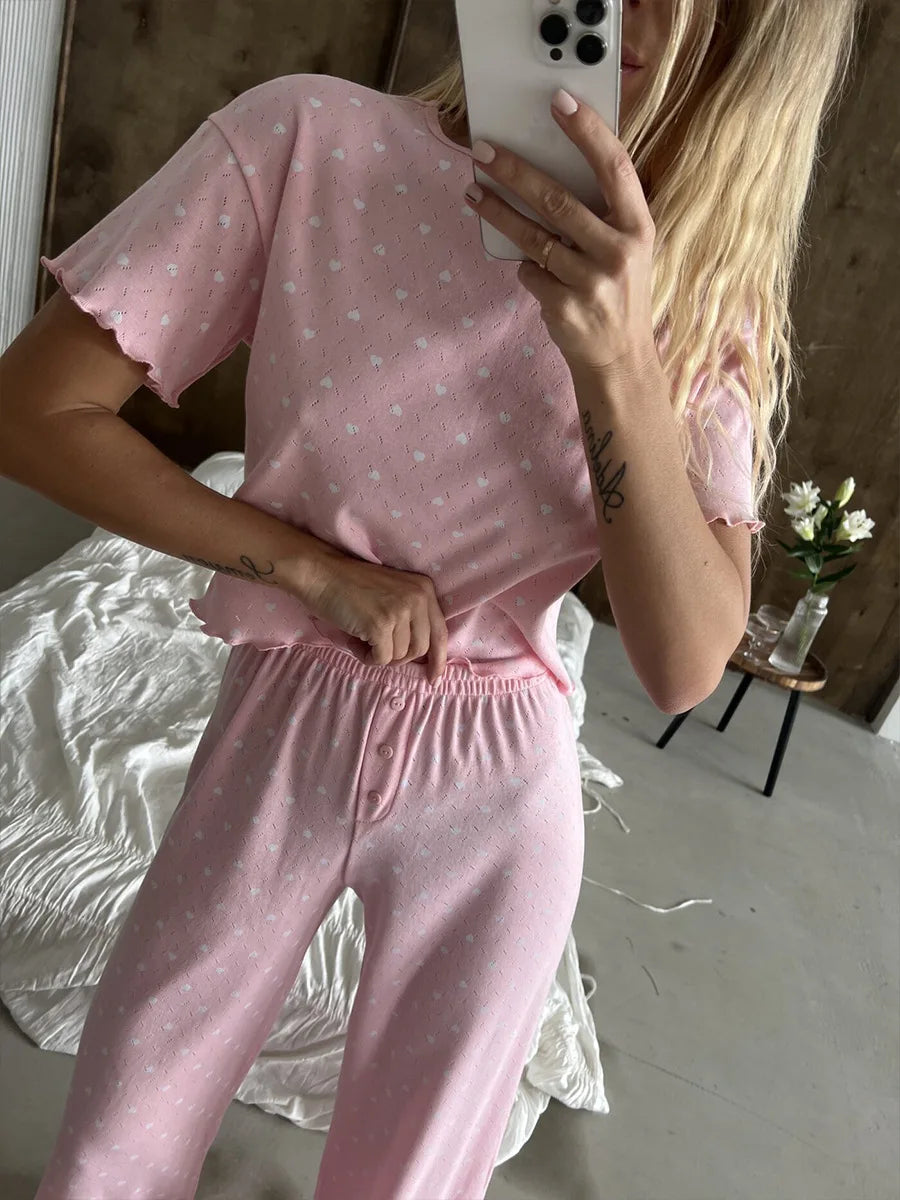 Muzuleva New Fashion Love-Printed Short-Sleeved Pants Pajama Set Women's Summer Pink Sleepwear Loose Casual 2-Piece Set