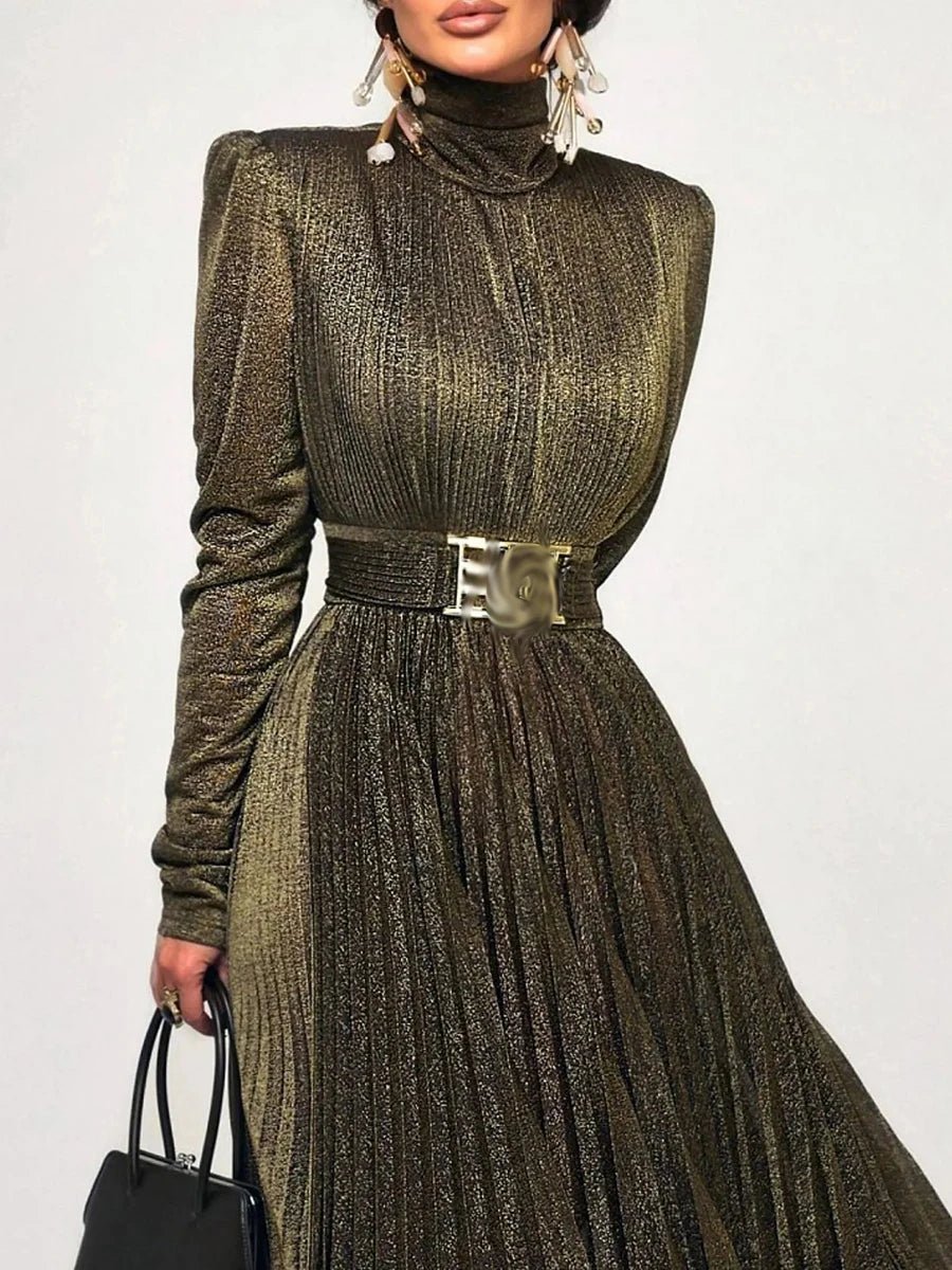 TWOTWINSTYLE Solid Spliced Belt Slimming Dresses For Women O Neck Long Sleeve High Waist Temperament Long Dress Female Clothes