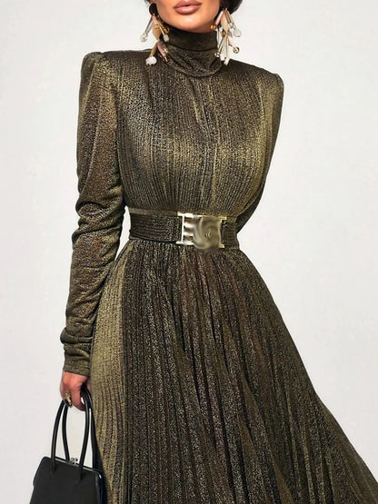 TWOTWINSTYLE Solid Spliced Belt Slimming Dresses For Women O Neck Long Sleeve High Waist Temperament Long Dress Female Clothes