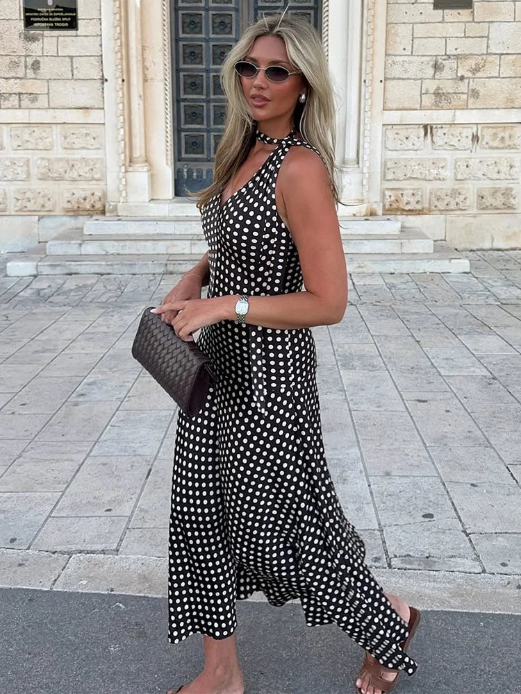 Trendix Polka Dot Print Backless Dress Women Summer Sexy Deep V Neck Sleeveless Off Shoulder Maxi Dresses Elegant Evneing Dress