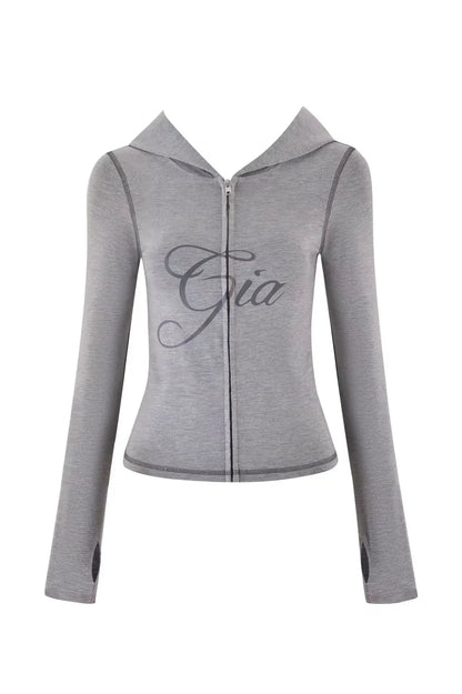 slim fit shoulder floral print bright line design slim fit hooded zipper short jacket pants for women grey top