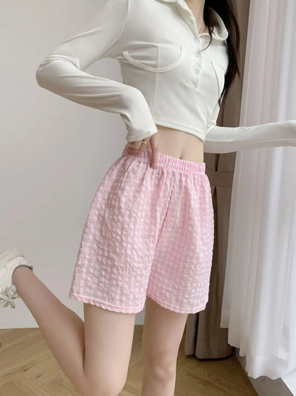 Summer Home Shorts Women's High Waisted Slimming Wide Leg Pants Sports Casual Pants Loose Plaid Pajama Pants Pink grid