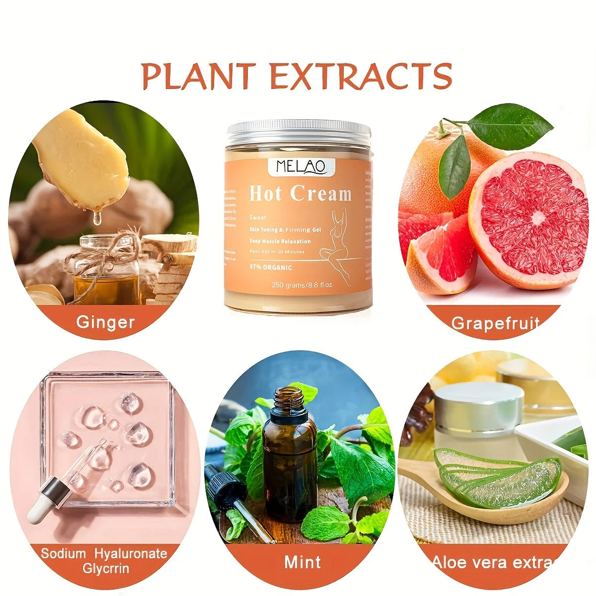 MELAO Hot Cream Massage Gel - Natural and 87% Organic Anti Cellulite Slimming Lotion Fat Burning Massage Weight Loss Cream