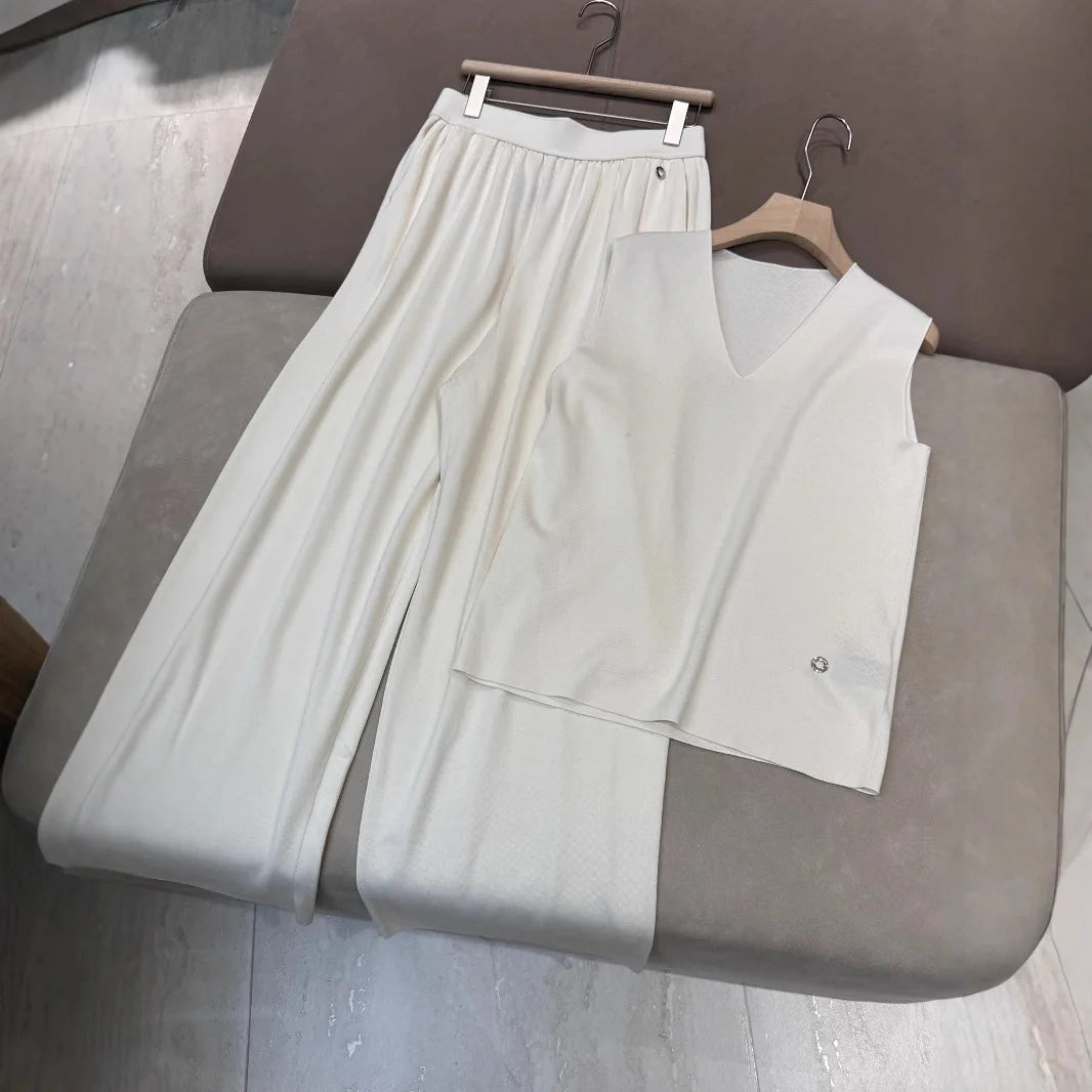 2025 Spring/Summer New Silk Cotton Blended V-neck Fashion Vest Top Casual All-match Straight Wide-leg Pants suit Badiee Stylez