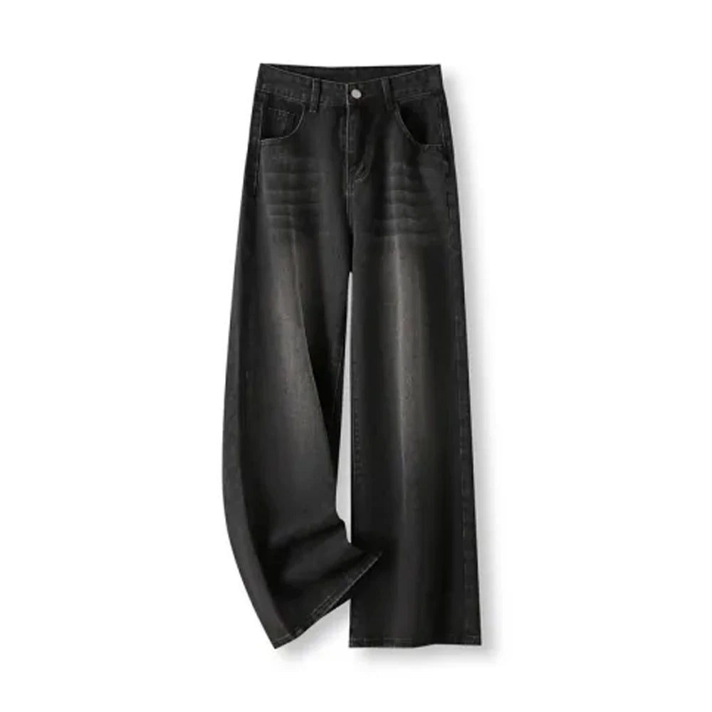 Korean Vintage High Waist Women's Jeans Y2K Slimming Pear-Shaped Loose Straight Bell Bottoms Black Gray Baggy Denim Trousers - Badiee Stylez