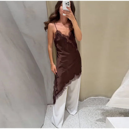 Sexy V-neck Sling Dress Women Fashion Sleeveless Lace Patchwork Irregular Mini Dresses 2025 Lady Summer Chic Casual Holiday Robe