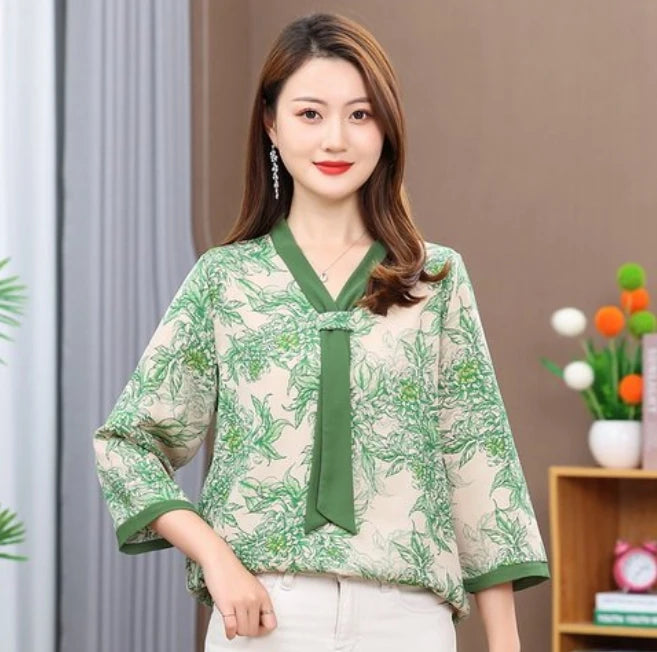 Women's Shirt Middle-aged Mother Elegant Summer Lady Shirts Bandage Floral Printed Chiffon Shirt Blouse Women's Clothing