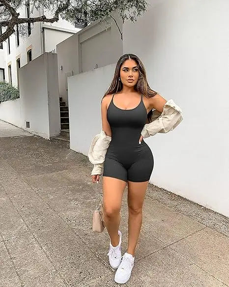 Women Workout Seamless Jumpsuit Yoga Ribbed Bodycon One Piece Spaghetti Strap Shorts Romper