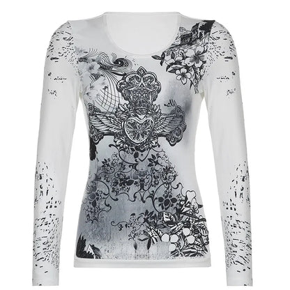 Women Long Sleeve Tops Gothic Graphic Print T-shirt Spring Fall Slim Fit Tee Tops Casual Shirts Y2K Aesthetic Clothes