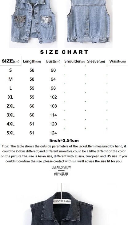 2024 Fashion Design Sequins Denim Vest Summer Autumn Women's Waistcoat Korean Leeveless Denim Jeans Jacket Female Vest Tops