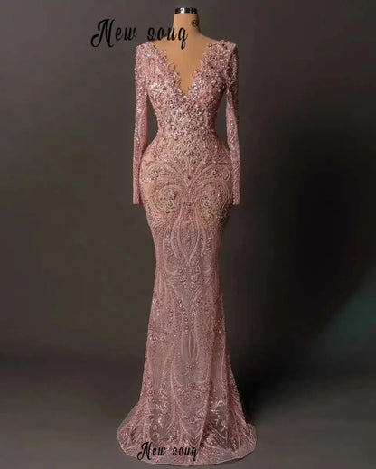 Customized Deep V Neck Dusty Pink Prom Dresses Beaded Lace Long Sleeve Wedding Party Gowns Bridal Wear Wedding Dresses Luxury Badiee Stylez
