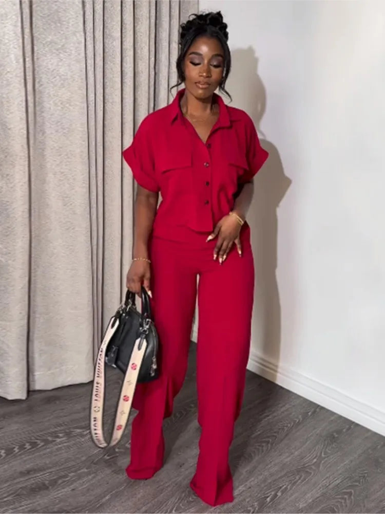 Women's Two-piece Set Spring Summer New Style Lapel Short-sleeved Shirt High Waist Wide Leg Trousers Casual Suit Women Clothing Red
