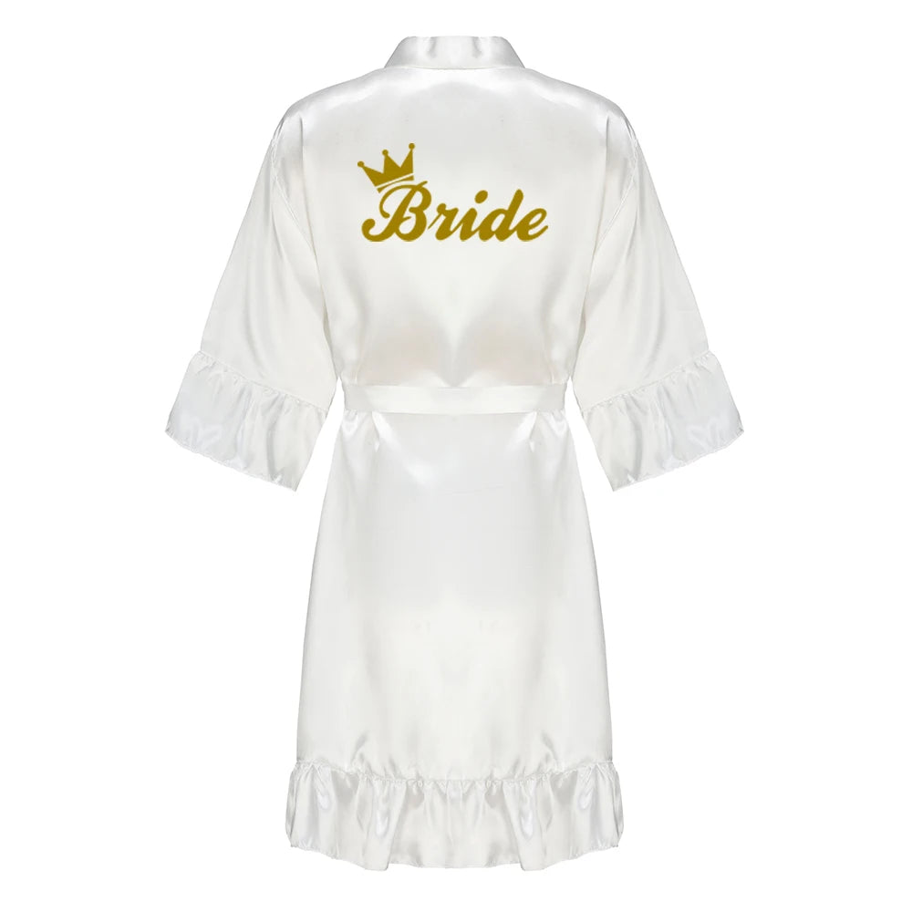 Wedding Bride Bridesmaid Robes for Women Bridal Party Gifts Team Dress Gown Silk Satin Sleepwear Kimono With Ruffle White Letter As the photo show 7