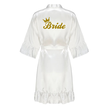 Wedding Bride Bridesmaid Robes for Women Bridal Party Gifts Team Dress Gown Silk Satin Sleepwear Kimono With Ruffle White Letter As the photo show 7
