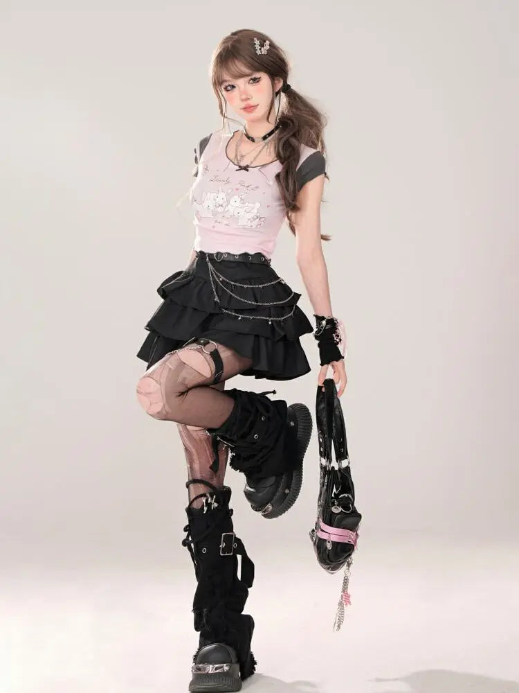 Women Black Gothic A-line Cake Skirt Vintage Y2k Skirt Aesthetic Harajuku Korean Elegant Kawaii Emo Skirts 2000s Trashy Clothes