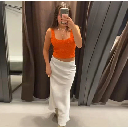 Elegant Sequined Orange Cardigans Women Y2k O-neck Short Sleeve One Button Female Tops 2025 Street Summer Lady Chic Knitwear