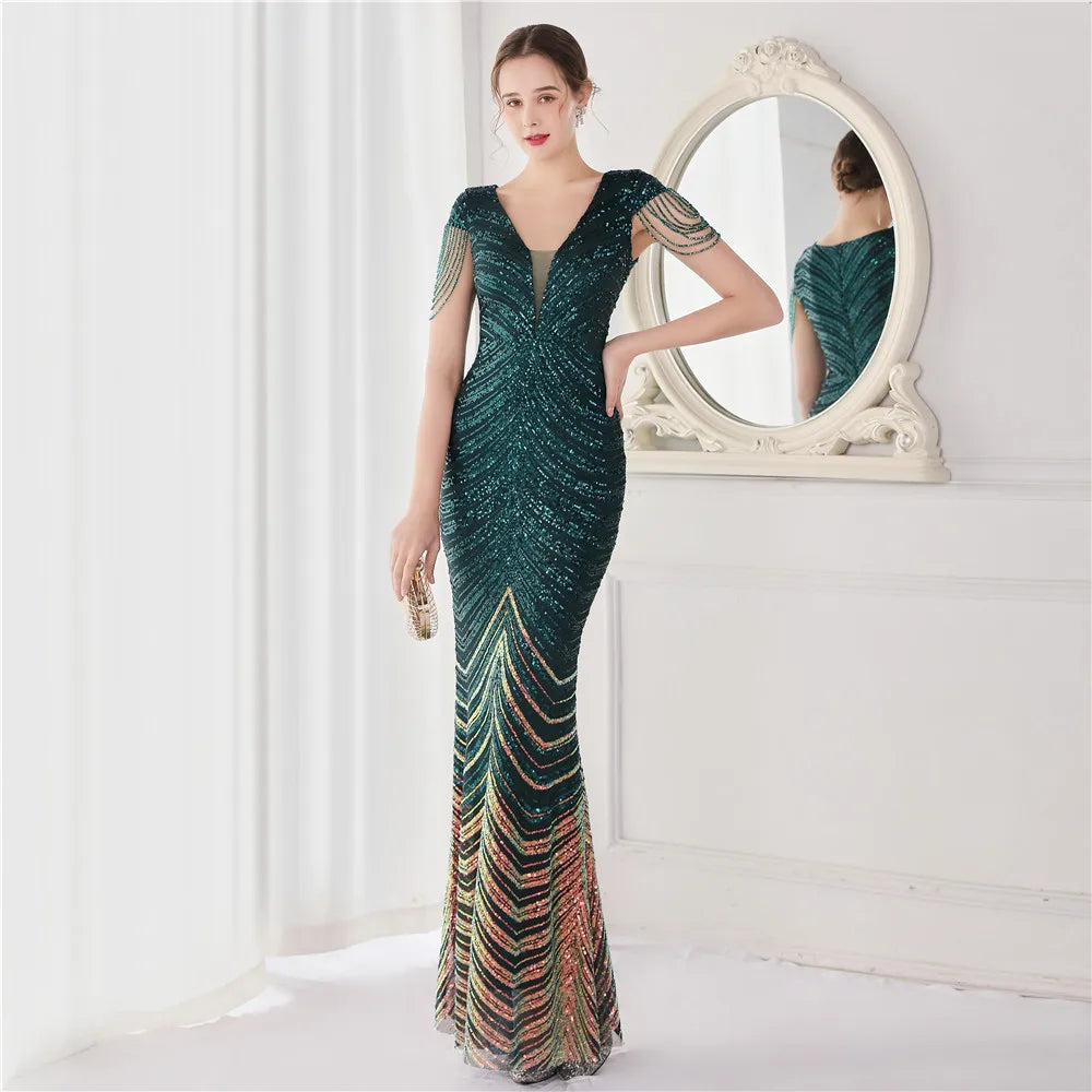 DEERVEADO Elegant V Neck Mermaid Evening Dress Long Luxury Beads Women Evening Party Dresses 2025 New Formal Dress 19085 Badiee Stylez