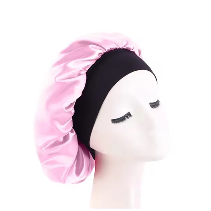 Women's Satin Solid Bonnets Wide-brimmed Night Sleeping Bathing Hat Unisex Head Wrap Elastic Band Cap Hair Care Bonnet PK One Size