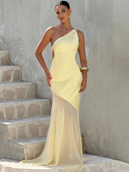 Mozision One Shoulder Backless Sexy Maxi Dress Women Gown Fashion Patchwork Sleeveless Bodycon Club Party Long Dress Elegant Yellow