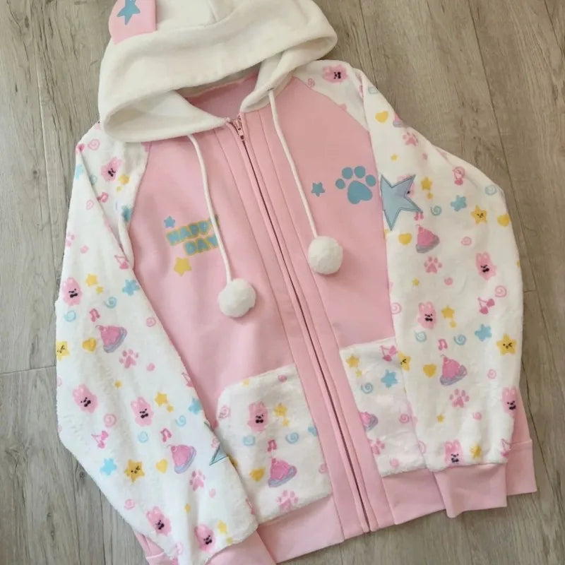 Harajuku Zip Hoodies Women Japanese Sweet Lolita Sweatshirts Kawaii Cartoon Print Y2k Hooded Overcoat Korean Fashion Clothes Top