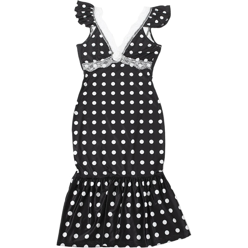 Polka Dot Ruched Dress Elegant Birthday Party Skinny Bodycon Sexy Backless Dress Women Flying Sleeve Lace Trim Applique