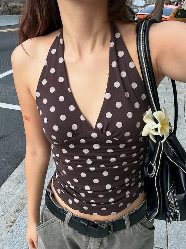 weird Puss Polka Dot Print Vest Women Y2K Lace-Up Backless Halter v-Neck Skinny Summer Trend Daily Street Basic Chic Tank Tops