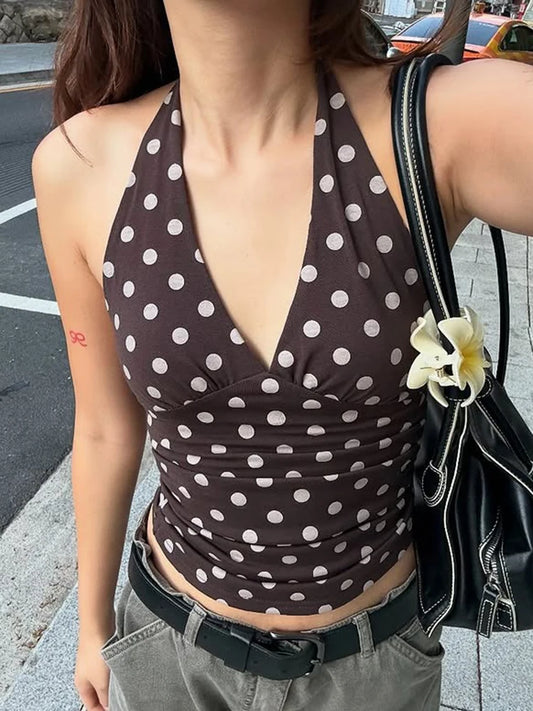 weird Puss Polka Dot Print Vest Women Y2K Lace-Up Backless Halter v-Neck Skinny Summer Trend Daily Street Basic Chic Tank Tops