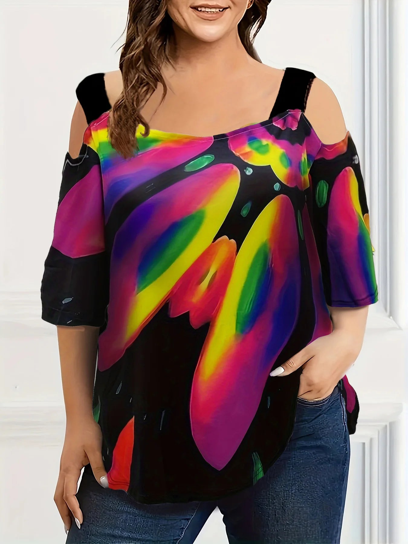 Summer new fashion strap off-the-shoulder multi-color print plus size women's short sleeve t-shirt Red