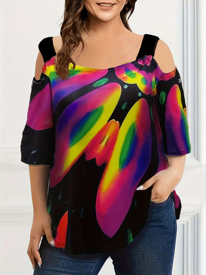 Summer new fashion strap off-the-shoulder multi-color print plus size women's short sleeve t-shirt Red