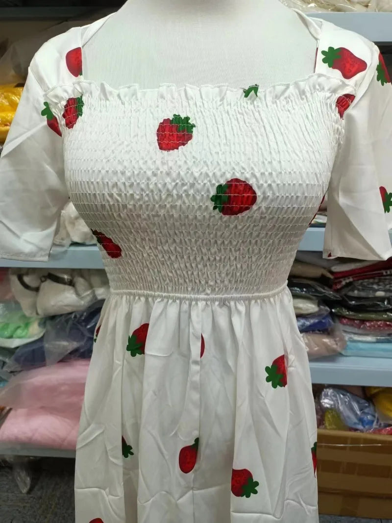 Vintage Kawaii Strawberry Dress Women Sexy Ruffle Puff Sleeve Off Shoulder Embroidery Summer Party Dresses 2023 Korean Elegant