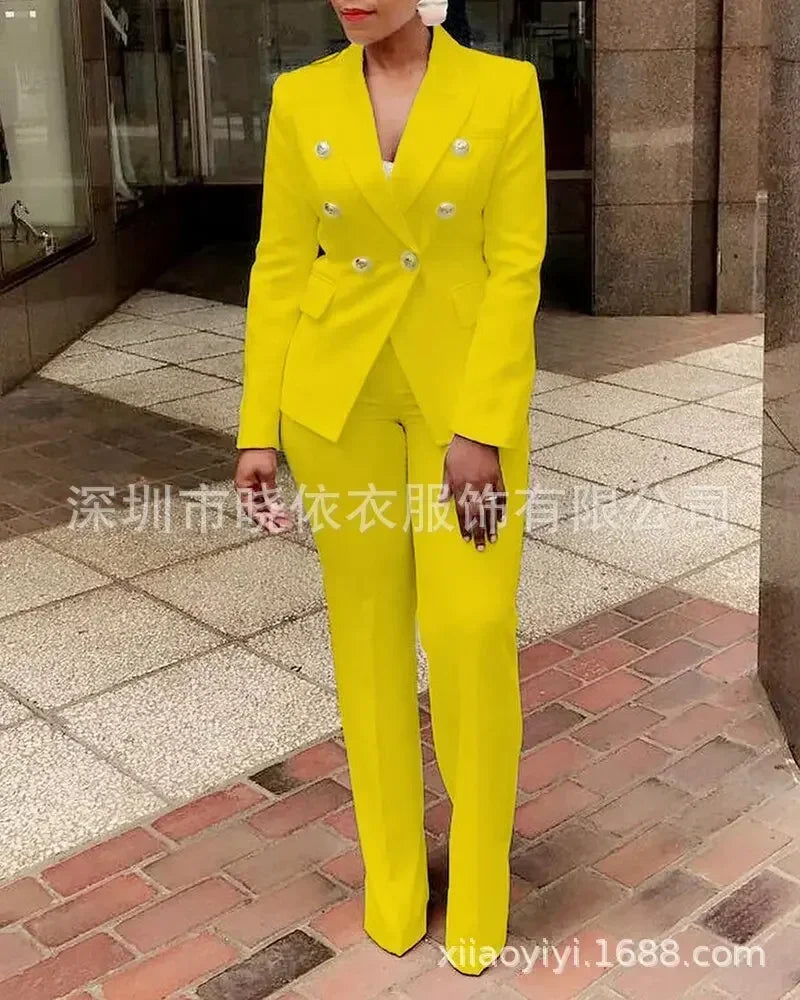 Women Pants Set Two Piece Sets Turn Down Collar White Blazer Elegant Coats Matching Sets Work High Waist Long Pants Suits yellow