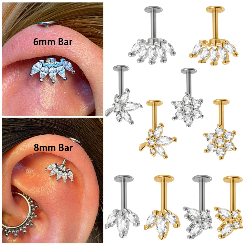 361L Surgical Steel Marquise Vertical Post Helix Piercing Crown/Butterfly Earrings Cartilage Helix Stud Body Piercing Jewelry